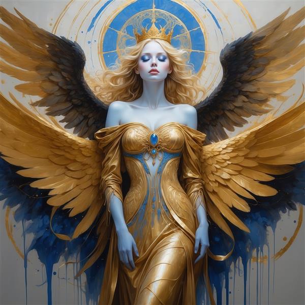 طرح زن فرشته با پوست متمایل به آبی، بال طلایی و آبی برای چاپ