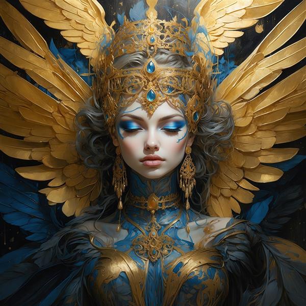 تصویر کلوزآپ فرشته زن با آرایش آبی و تاج طلایی بزرگ پر جزئیات