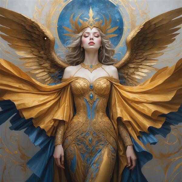 عکس فرشته زن با لباس سلطنتی طلایی آبی و بال‌های گشاد برای پوستر عریض