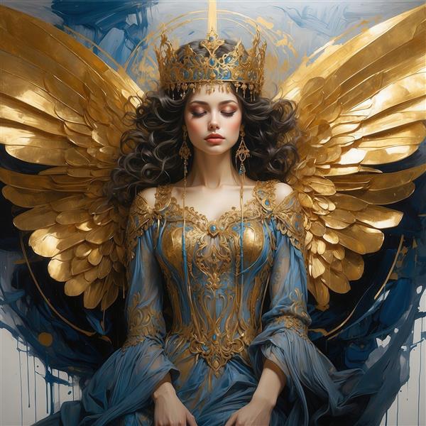 پرتره زن فرشته با موی تیره، تاج طلایی و لباس آبی سلطنتی برای تابلو