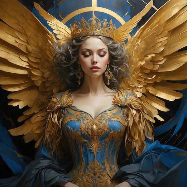 عکس پرتره فرشته زن با لباس آبی طرحدار و بال طلایی برای چاپ