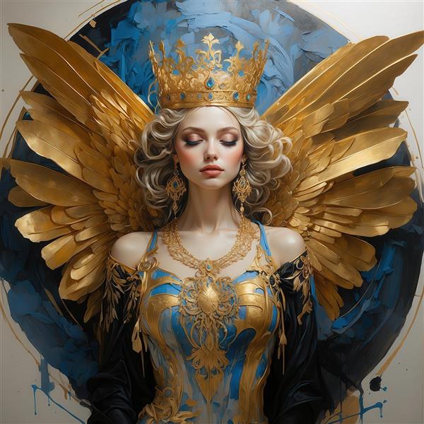 طرح فرشته زن با بال‌های طلایی و لباس آبی و گردنبند بزرگ طلایی