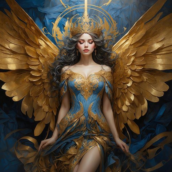 تصویر فرشته زن با لباس آبی طلایی، بال و تاج بزرگ برای چاپ دکور