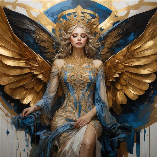عکس فرشته زن نشسته بر تخت با بال‌های طلایی بزرگ و لباس آبی
