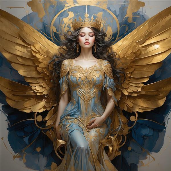 تصویر فرشته زن زیبا با بال‌های طلایی بزرگ برای تابلو اتاق خواب