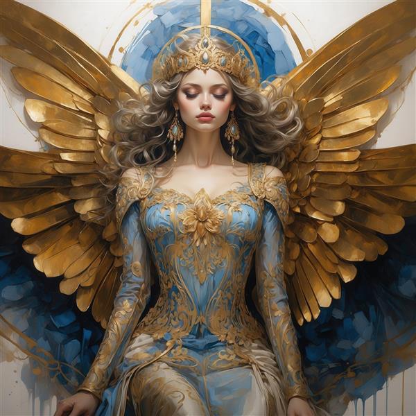 عکس فرشته زن با موی تیره، لباس آبی طلایی و بال‌های باشکوه