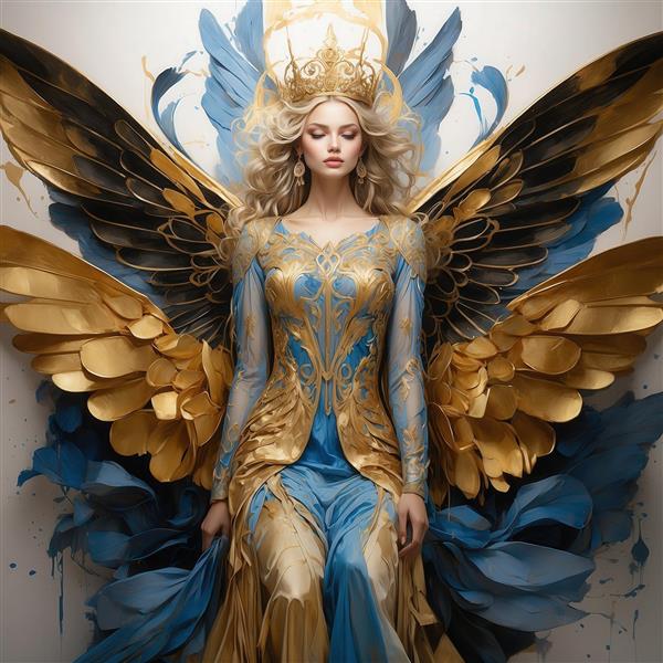 طرح زن فرشته با لباس آبی و طلایی و موهای بلوند برای چاپ روی کوسن