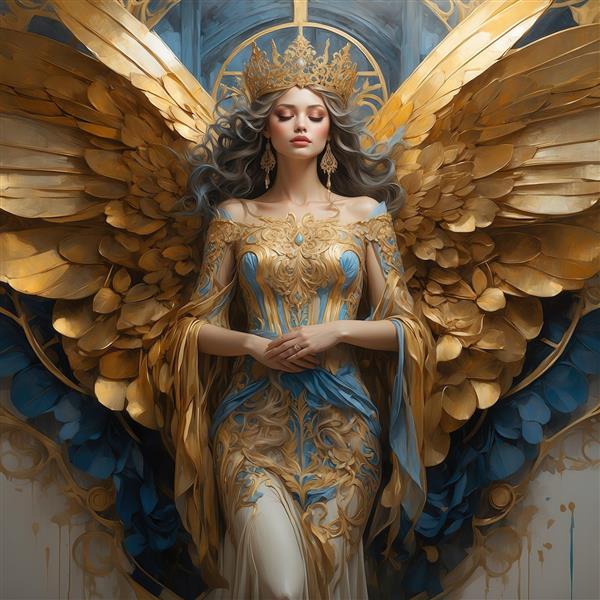 تصویر فرشته زن با لباس سلطنتی طلایی آبی و بال‌های بزرگ