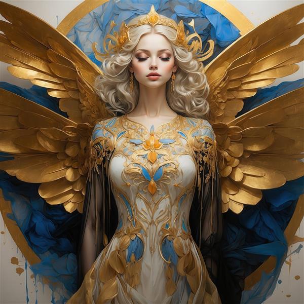 عکس فرشته زن با لباس سفید، طلایی و آبی برای پوستر دیواری باکیفیت