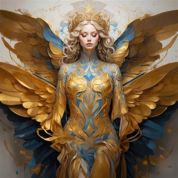 عکس فرشته زن با بال‌های پرجزئیات طلایی و لباس آبی برای چاپ عریض