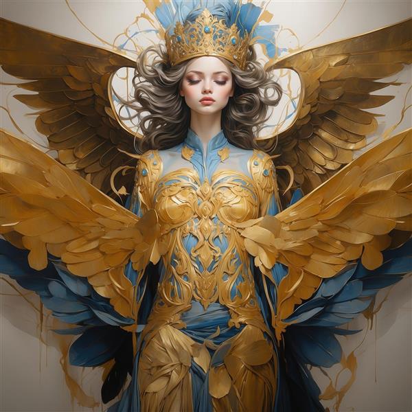 تصویر زن فرشته با لباس بالاتنه طرح‌دار آبی و طلایی برای پوستر لاکچری
