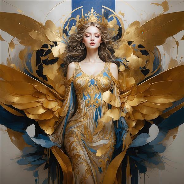 طرح فرشته زن پرشکوه با بال و لباس طلایی آبی برای دکوراسیون منزل
