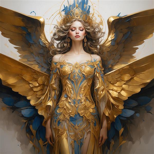 عکس دکوراتیو فرشته زن با لباس طلایی و آبی طرح‌دار برای تابلوی پذیرایی