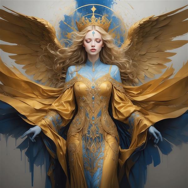 پوستر فرشته زن با بال‌های عظیم طلایی و لباس آبی سلطنتی