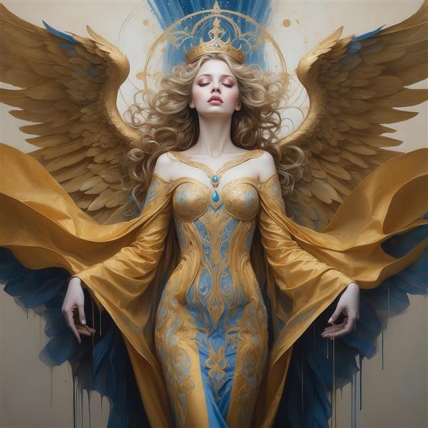 تصویر زن فرشته‌ای فانتزی با تاج و بال‌های طلایی در پس‌زمینه