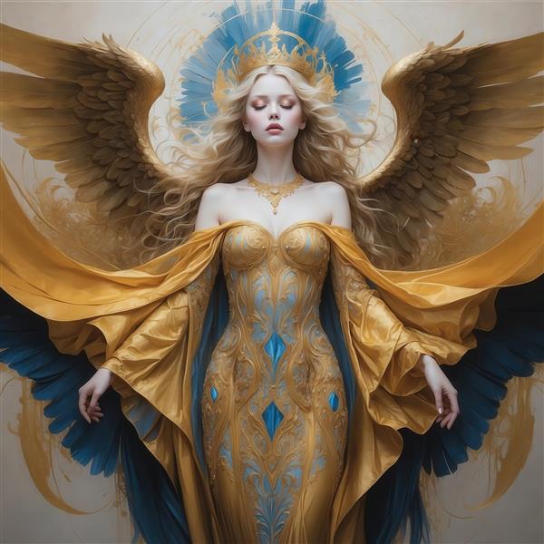 عکس فرشته زن طلایی آبی پرابهت برای چاپ روی پرده و تابلو دکوراتیو