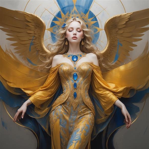 طرح دکوراتیو فرشته زن با لباس طلایی و آبی و جواهرات باکیفیت