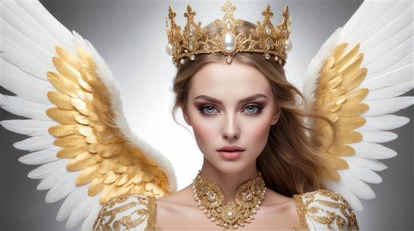 تصویر پرتره فرشته زن با تاج ملکه و بال‌های طلایی باکیفیت