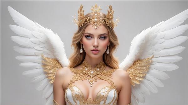 عکس پرتره فرشته زن زیبا با بال‌های سفید و تاج طلایی