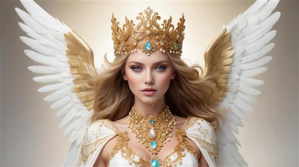 عکس فرشته زن با تاج بزرگ طلایی و جواهرات فیروزه‌ای برای تابلو