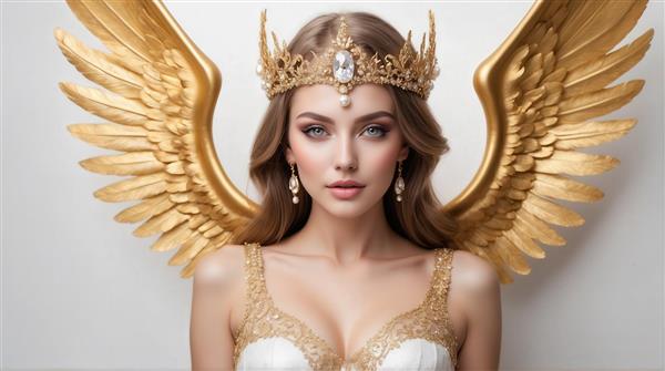 تصویر زن بالدار با موی قهوه‌ای و تاج نگین‌دار برای چاپ روی روتختی