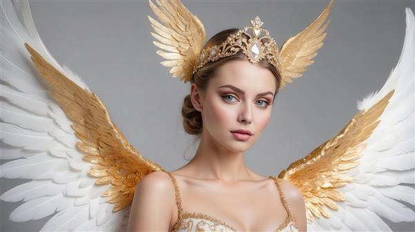 عکس پرتره زن فرشته با موی بسته و بال‌های سفید طلایی برای کوسن