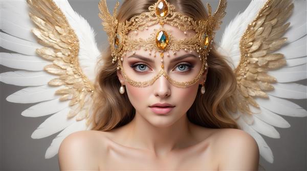 تصویر فرشته زن با ماسک طلایی و بال‌های سفید برای تابلو دکوراتیو لوکس