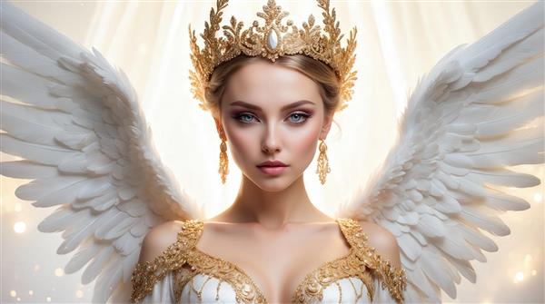 طرح زن بالدار با بال‌های سفید بزرگ و لباس طلایی برای پرده