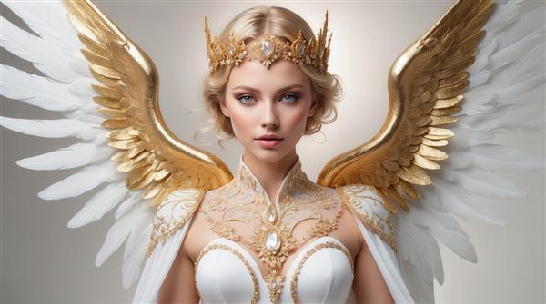 تصویر فرشته زن با بال‌های سفید طلایی و موی کوتاه برای چاپ عریض