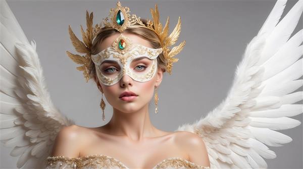 طرح پرتره زن بالدار با ماسک توری و بال‌های سفید برای تابلو دکوراتیو