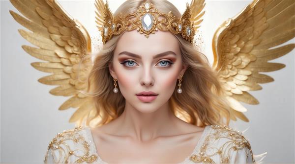 عکس فرشته زن با تاج و بال‌های طلایی برای پوستر دیواری شیک