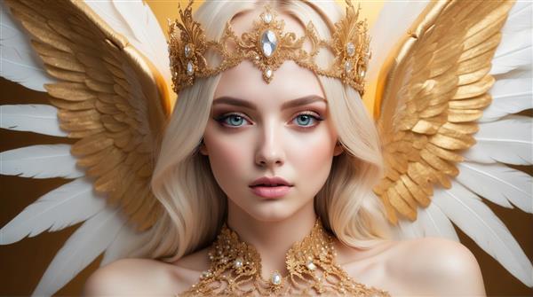 تصویر زن بالدار با موی بلوند و بال‌های سفید و طلایی برای تابلو