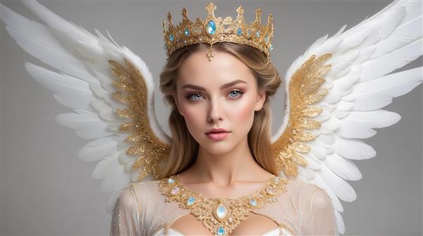 طرح پرتره فرشته با بال‌های سفید و جواهرات فیروزه‌ای برای روتختی