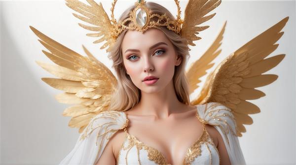 عکس ملکه فرشته با تاج بزرگ و بال‌های طلایی برای پوستر چاپی