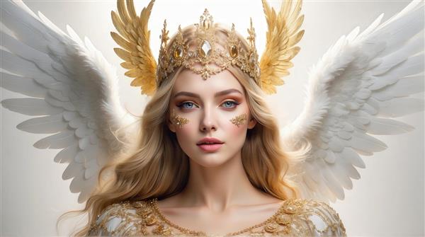 تصویر زن بالدار با بال‌های سفید و آرایش طلایی برای تابلو و کوسن