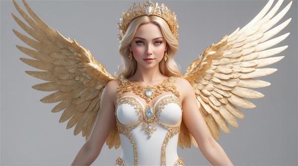 عکس زن بالدار با تاج و لباس طلایی و سفید برای چاپ عریض