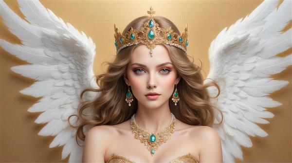 تصویر ملکه فرشته با تاج فیروزه‌ای و پس‌زمینه طلایی برای تابلو لوکس