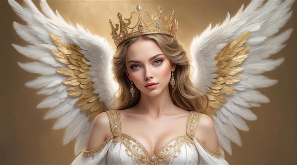 تصویر ملکه فرشته با بال‌های سفید و طلایی برای تابلو دکوراتیو