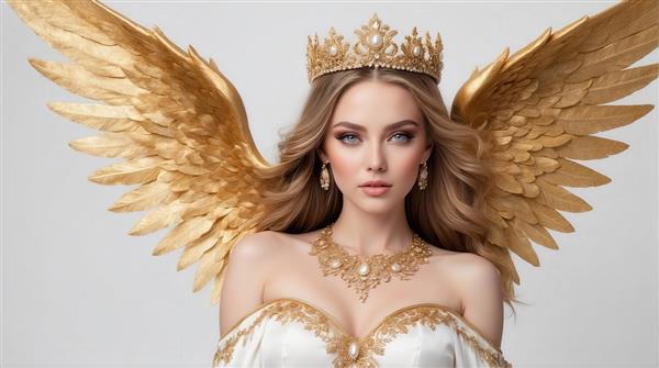 طرح زن بالدار با بال‌های طلایی و لباس مجلل سفید برای پوستر چاپی