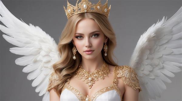عکس فرشته زن با گردنبند طلایی و بال‌های سفید برای تابلو و کوسن