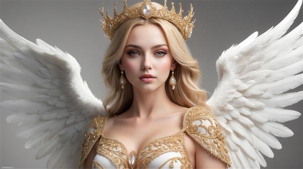 تصویر زن بالدار با تاج طلایی و بال‌های سفید بزرگ برای چاپ روی پرده