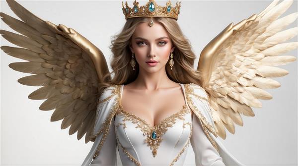 طرح ملکه فرشته با لباس سفید و جواهرات فیروزه‌ای برای پوستر دیواری