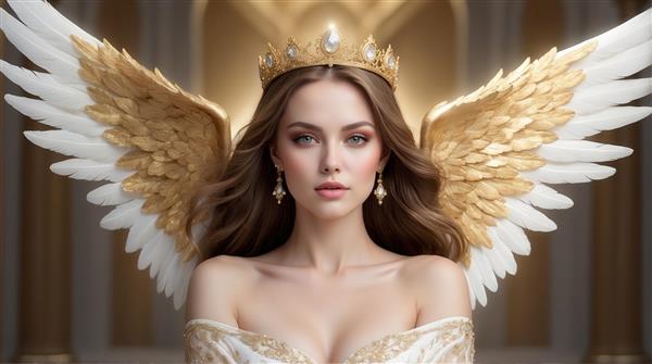 عکس فرشته زن با بال‌های طلایی درخشان و موی قهوه‌ای برای تابلو دکوراتیو