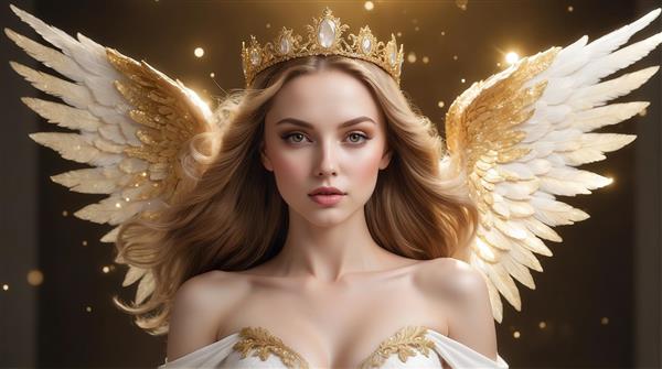 تصویر زن بالدار با تاج طلایی و بال‌های سفید برای چاپ روی روتختی