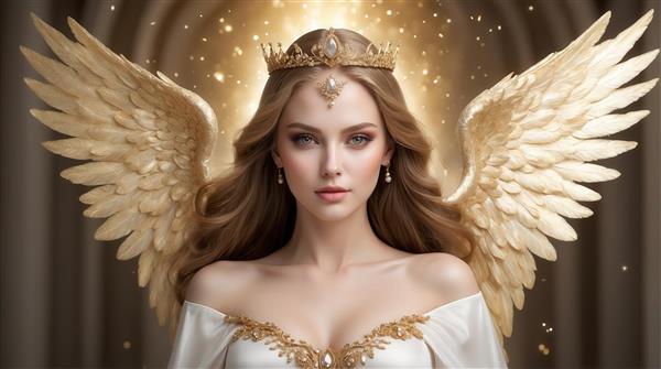 طرح پرتره زن فرشته با موی بلوند و بال‌های طلایی برای پوستر چاپی باکیفیت