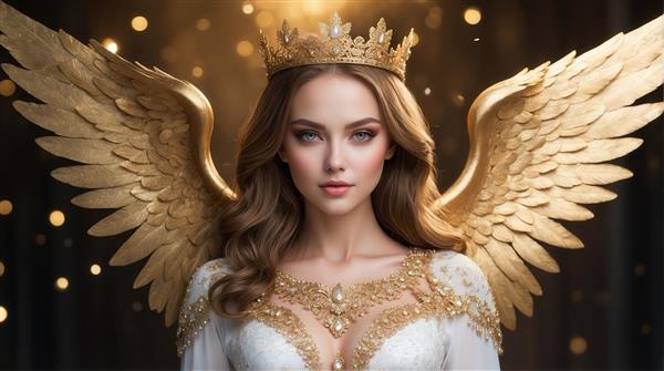 تصویر زن بالدار با تاج و لباس طلایی و سفید برای چاپ روی پرده
