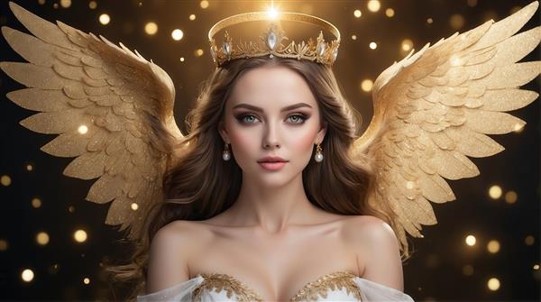 عکس زن فرشته با موی قهوه‌ای و تاج طلایی برای تابلو دکوراتیو