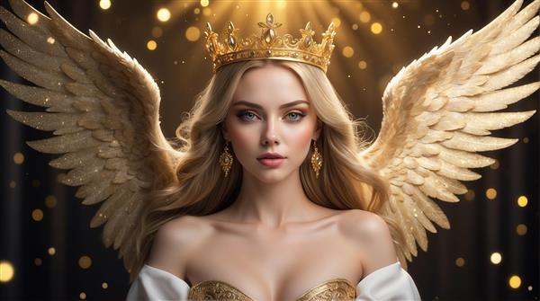 تصویر ملکه فرشته با تاج و بال‌های طلایی برای پوستر چاپی باکیفیت