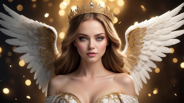 طرح فرشته زن زیبا با بال‌های سفید و طلایی و تاج برای چاپ روی ماگ