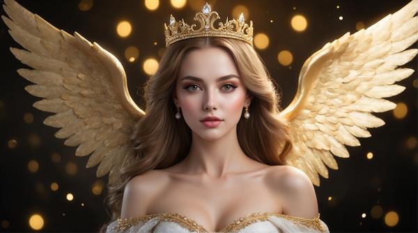 عکس زن بالدار با تاج طلایی و موی قهوه‌ای برای تابلو و پرده